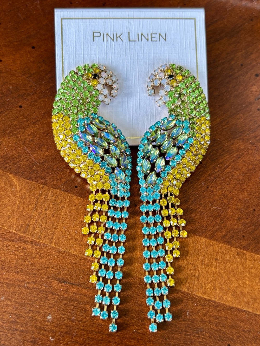 Pink Linen Tropical Parrot Rhinestone Statement Fringe Drop Earrings Summer Bird